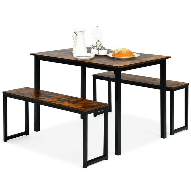 3-Piece Dining Table Set with 2 Benches, Kitchen Bench Table Set - Dreamadeus