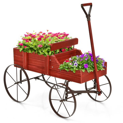 Dreamade Decorative Garden Planter, Small Wagon Cart with Metal Wheels, Wood Raised Beds Plant Pot Stand for Backyard Garden Patio 24.5"x13.5"x24"