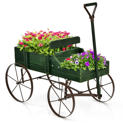 Dreamade Decorative Garden Planter, Small Wagon Cart with Metal Wheels, Wood Raised Beds Plant Pot Stand for Backyard Garden Patio 24.5"x13.5"x24"