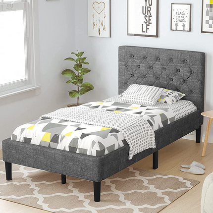 Elegant & Modern Style Twin Size Upholstered Stable Bed Base with Button Stitched Headboard