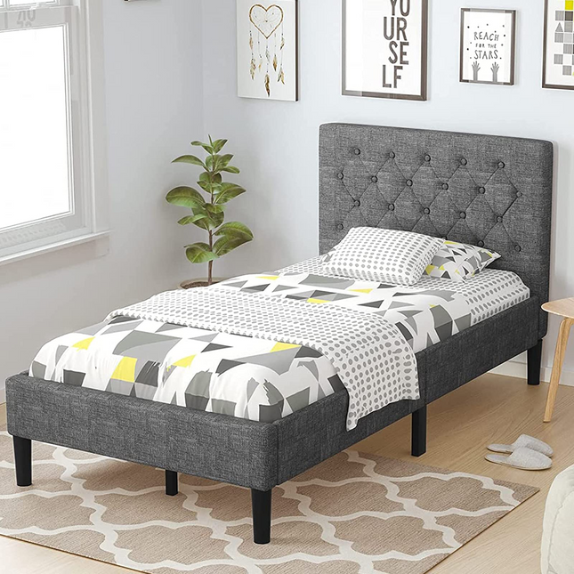 Elegant & Modern Style Twin Size Upholstered Stable Bed Base with Button Stitched Headboard
