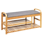 Dreamade Shoe Rack Bench, Entryway 3-Tier Bamboo Shoe Organizer with Cushion (Natural and Grey)