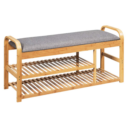 Dreamade Shoe Rack Bench, Entryway 3-Tier Bamboo Shoe Organizer with Cushion (Natural and Grey)