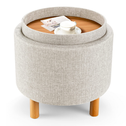 Dreamade Round Storage Ottoman with Tray, Accent Storage Footstool w/ Soft Padding