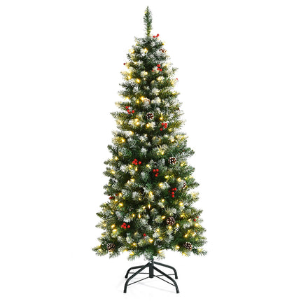 5ft Pre-lit Pencil Christmas Tree, Snow Flocked Artificial Hinged Xmas Tree - DreamadeUS