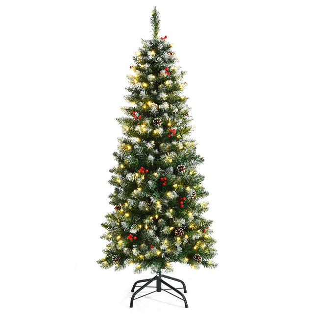 5ft Pre-lit Pencil Christmas Tree, Snow Flocked Artificial Hinged Xmas Tree - DreamadeUS