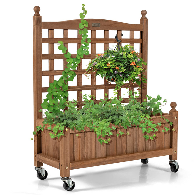 Wood Planter with Lattice Trellis and Wheels, 25'' x 11'' x 32.5'' (L x W x H)