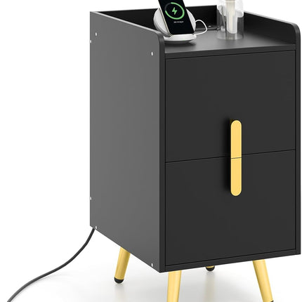 Dreamade Nightstand with Charging Station, Narrow End Table with 2 Drawers & Metal Gold Legs