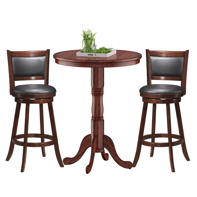 Dreamade 3 Pcs Pub Table Set, Wooden Pub Pedestal Side Table w/Stable Base