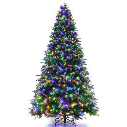 Dreamade 8FT Pre-Lit Artificial Christmas Tree, Hinged Realistic Snowy Xmas Pine Tree W/ 780 Color Changing LED Lights, 11 Flash Modes - DreamadeUS