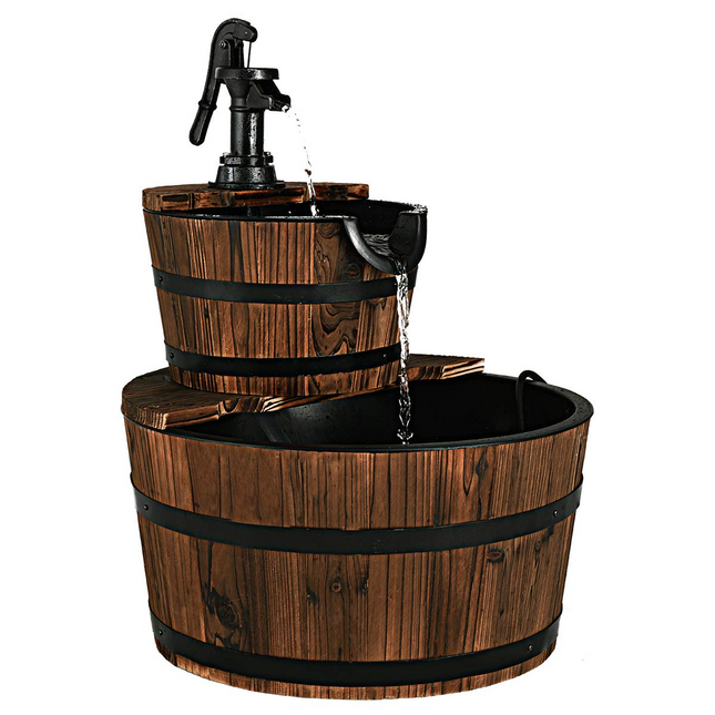 Dreamade 2-Tier Barrel Waterfall Fountain with Hand Pump