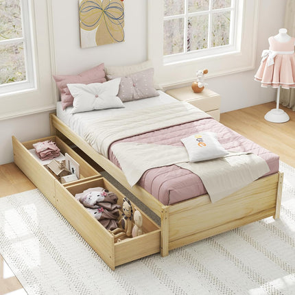 Dreamade Queen/Full/Twin Size Bed Frame with 2 Storage Drawers, Solid Wood Platform Bed with Slats Support