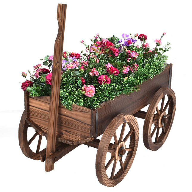 Dreamade Wood Wagon Flower Planter Pot Stand W/Wheels Home Garden Outdoor Decor