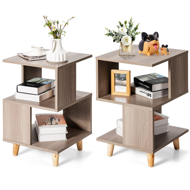 Dreamade Set of 2 End Table, Wood Nightstand with Legs (Natural)