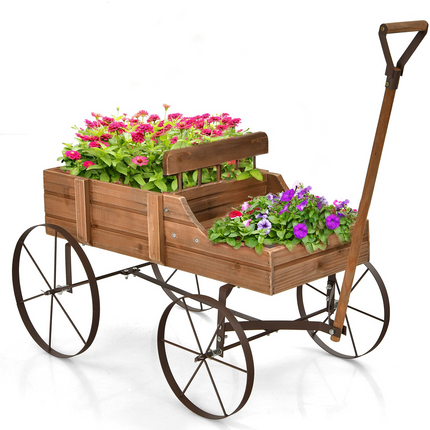 Dreamade Decorative Garden Planter, Small Wagon Cart with Metal Wheels, Wood Raised Beds Plant Pot Stand for Backyard Garden Patio 24.5"x13.5"x24"