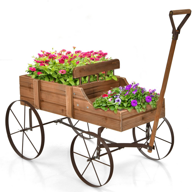 Dreamade Decorative Garden Planter, Small Wagon Cart with Metal Wheels, Wood Raised Beds Plant Pot Stand for Backyard Garden Patio 24.5"x13.5"x24"