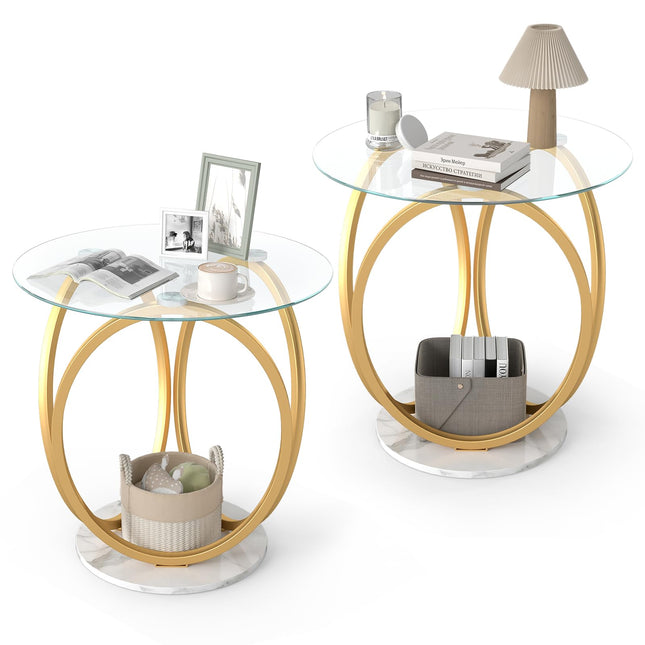Dreamade Round Faux Marble Sofa Couch Side Table with Tempered Glass Tabletop (1/2)