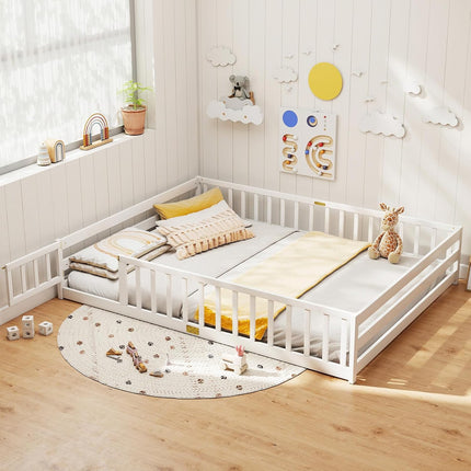 Dreamade Floor Bed with Door & Fence Kids Wood Montessori Beds with Safety Guardrails