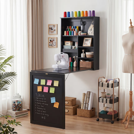 DREAMADE Folding Wall Desk, Wall Mounted Table with Storage, Fold Out Table with Shelves