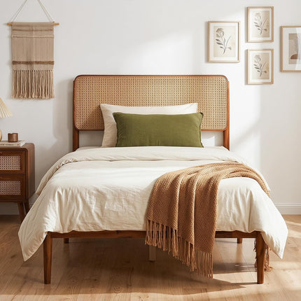 Dreamade Wooden Bed Frame Full/Twin/Queen Size with Rattan Headboard
