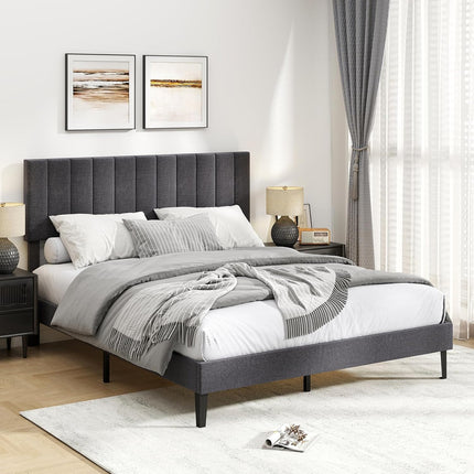 Dreamade Queen/Full/Twin Size Upholstered Bed Frame Platform Bed with Height Adjustable Vertical Channel Headboard