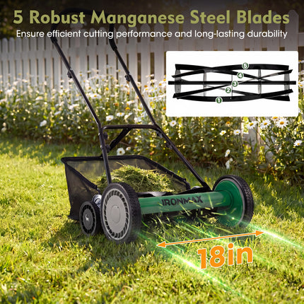 DREAMADE Manual Reel Mower, 18" Push Reel Lawn Mower, Green