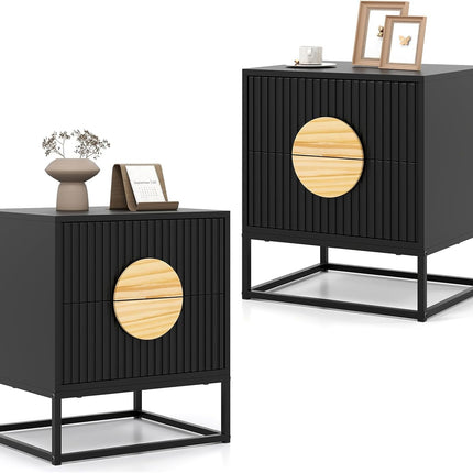 Dreamade Fluted Nightstand with 2 Drawers with Natural Circle Handle & Metal Frame