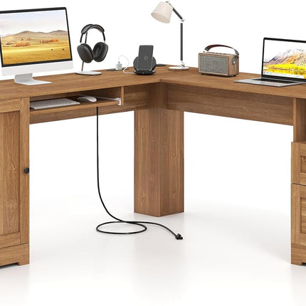 Dreamade 66" L-Shaped Desk with Storage Drawers & Charging Station