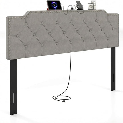 Dreamade Headboard for Queen and Full Size Bed | Rivet Tufted Upholstered Head Board w/ 2 AC Outlets