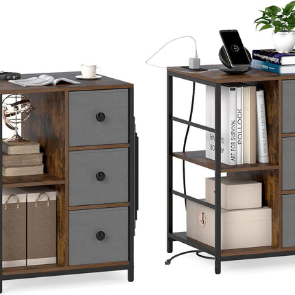 Dreamade Industrial Nightstand with Charging Station - End Side Table w/3 Fabric Drawers