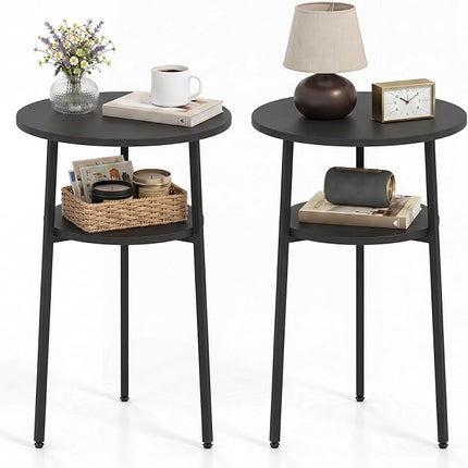 Dreamade Round Side Table, 2-Tier End Table w/Metal Frame | Accent Nightstand Bedside Table w/ Storage Shelf for Small Space Sofa Couch Side
