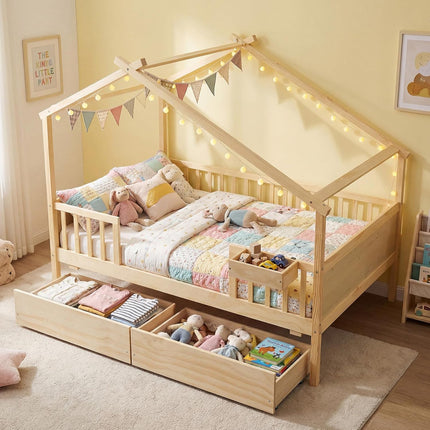 Dreamade Full Size House Bed with Roof and Fence Rails for Kid