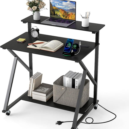 Dreamade Rolling Small Desk with Storage | Compact Computer Desk for Small Spaces with Charging Station