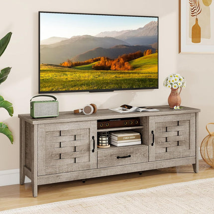 Dreamade Farmhouse TV Stand for 65 Inch TVs 59" Wood Entertainment Center with 2 Woven Accent Doors