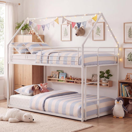Dreamade House-Shaped Twin Over Twin Metal Bunk Bed