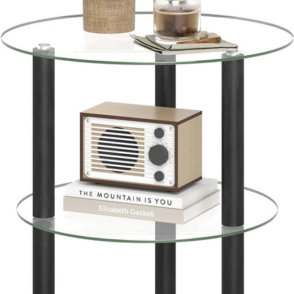 Dreamade Round/Square 2-Tier Sofa Side Table with Clear Tempered Glass Top & Shelf (1/2)