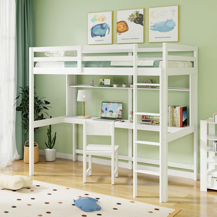 Dreamade Twin Loft Bed with Desk and Bookshelf, Wooden Bed Frame with Safety Guardrail & Ladder