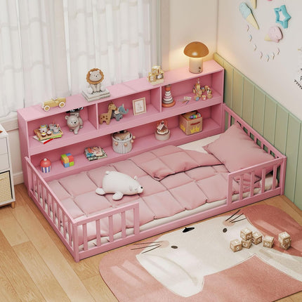 Dreamade Wooden Montessori Bed Frame with Bookcase