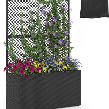 Dreamade Raised Garden Bed with Trellis | 58'' Tall PE Rattan Planter Box w/Liner & Drainage