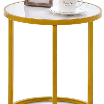 Dreamade Faux Marble Side Table, Round End Table with Golden Metal Frame and White Marble Top