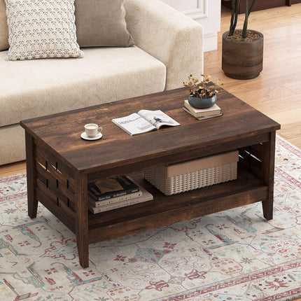 Dreamade 2-Tier Farmhouse Coffee Table with Open Shelf and Woven Decorations for Living Room