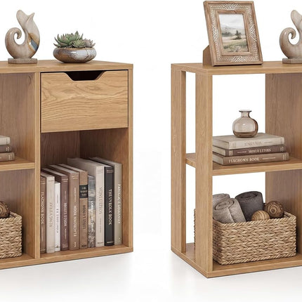Dreamade 3 Cube Bookcase with Drawer, 2 Tier Bookshelf for Small Space, Modern Freestandin