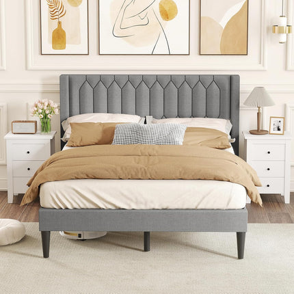 Dreamade Queen Size Dutch Velvet/Linen Fabric Upholstered Platform Bed with Wingback Headboard and Wooden Slat Support