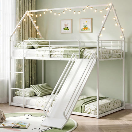 Dreamade Twin Over Twin Bunk Bed with Slide & Ladder House-Shaped Metal Bunk Bed Frame with Safety Guardrail & Roof