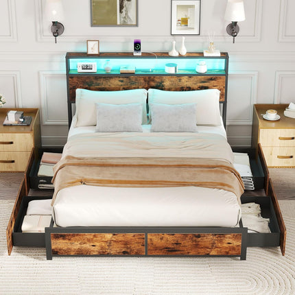 Dreamade Queen/Full Size LED Bed Frame with Charging Station & 4 Storage Drawers