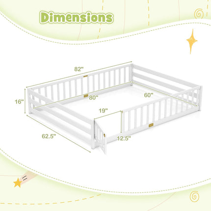 Dreamade Floor Bed with Door & Fence Kids Wood Montessori Beds with Safety Guardrails