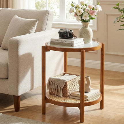 Dreamade 2-Tier Boho Rattan Round Side Table w/Tempered Glass Top (1/2)
