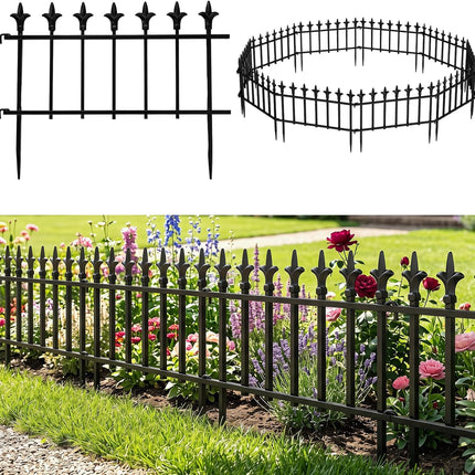 Dreamade No Dig Decorative Metal Garden Fence with Fleur-de-Lis Finials