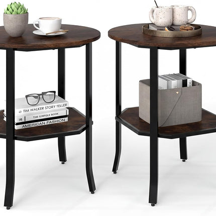 Dreamade 2-Tier Round Small Sofa Couch End Table with Storage Shelf & Steel Frame