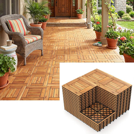 Dreamade 12" x 12" Acacia Wood Interlocking Patio Flooring Tiles with Drainage Base